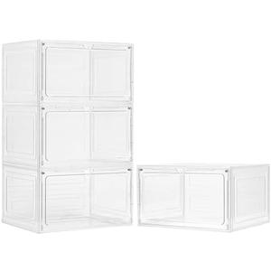 LXLXXL Purse Organizer for Closet 4 Pack Stackable Storage Bins with Lids Clear Plastic Handbag Organizer Purse Storage with Magnetic Door Display Case for Cosmetic Hats, White