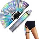 FairySandy Large Rave Fan UV Glow Hand Fan with Thigh Holster for Women Carnival Disco Party Supplies for Carnival Edm Music Festival Club Accessories Performance(Laser,Laser Color)