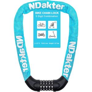 NDakter Bike Chain Lock, 5 Digit Combination Heavy Duty Anti Theft Bicycle Chain Lock,2.62/3.2/4.27/5/6Ft Long Security Resettable Bike Locks for Bike, Bicycle, Scooter, Door, Gate, Fence-4/6mm Thick (Sky Blue)