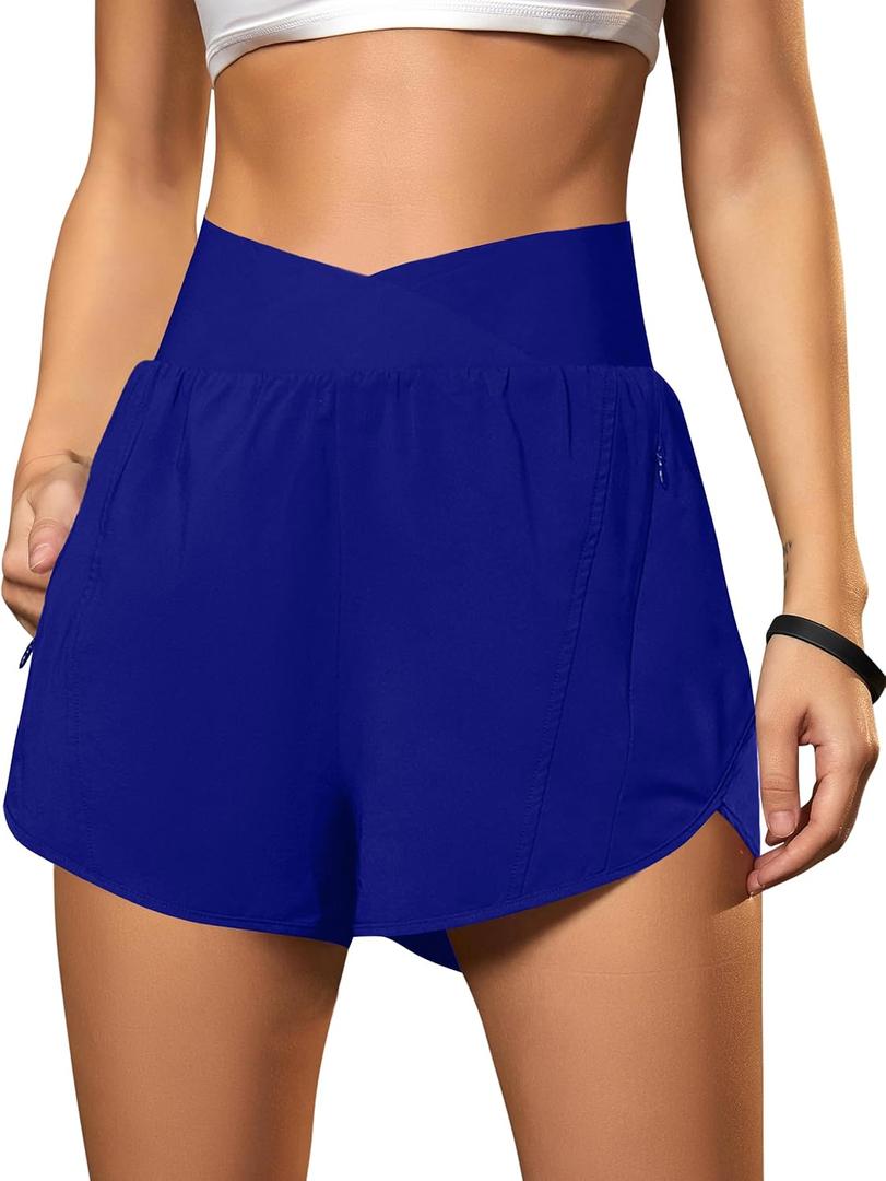 Blooming Jelly Women's Workout Shorts Athletic Running Shorts Crossover High Waisted Gym Shorts with Zipper Pockets (Blue, XXXL)