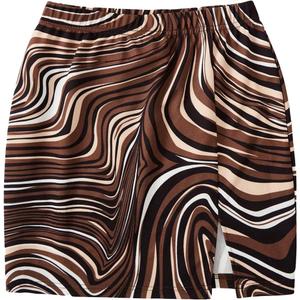 WDIRARA Women's Marble Print Split Hem High Waist Elastic Waistand Knitted Skinny Bodycon Skirt (Brown, L)