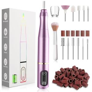 Cordless Nail Drill Electric Nail File Kit Rechargeable Professional Efile Nail Set, Portable Acrylic Gel Nail Polish Remover Machine Pedicure Manicure Tool, 11 Bits 56 Sanding Bands Salon Home (Purple)