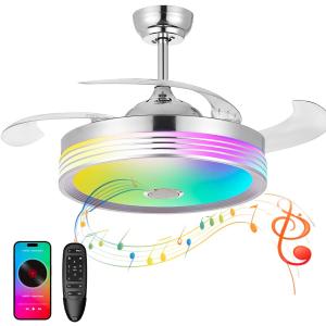 48 inch Modern Retractable Ceiling Fan with Lights and Remote Control, 6Speed Dimmable Fandelier, Smart Ceiling Fan Light with Bluetooth Speaker, RGB Color Reversible Bedroom Living Room, Chrome