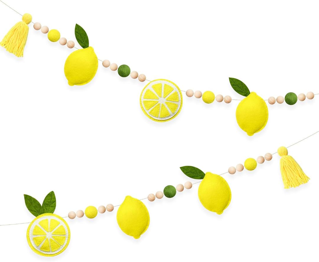 Lemon Decorations Pre-Strung Handmade Felt Yellow Sage Green Wool Felt Ball Wooden Beads Tassel Garland Banner for Lemon Themed Wedding Birthday Baby Shower Bridal Shower Lemonade Mantle Home Decor, 4.3×3.2 inches