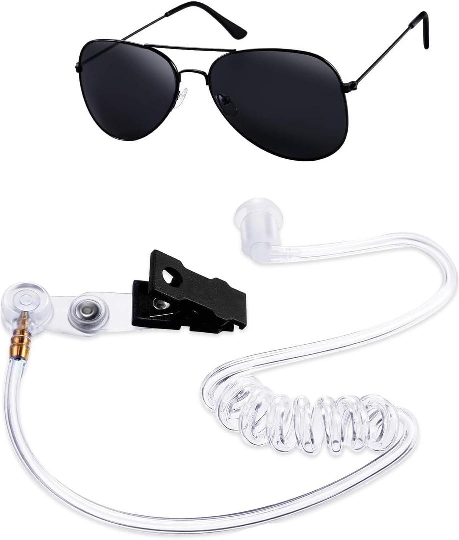 Degpum Spy Earpiece Headphones and Sunglasses,Spy Costume Men in Black Costume Accessories Fake Ear Piece and Sunglasses Secret Service Security Guard Ear Piece Spy Costume