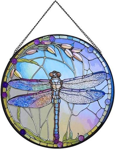 12 Inch Stained Glass Window Hanging, Large Dragonfly Suncatcher, Stained Glass Window Suncatcher, Dragonfly Home Wall Art Decor for Indoor/Outdoor, Hand Colorful Panel Sun Catcher, Gift for Mom