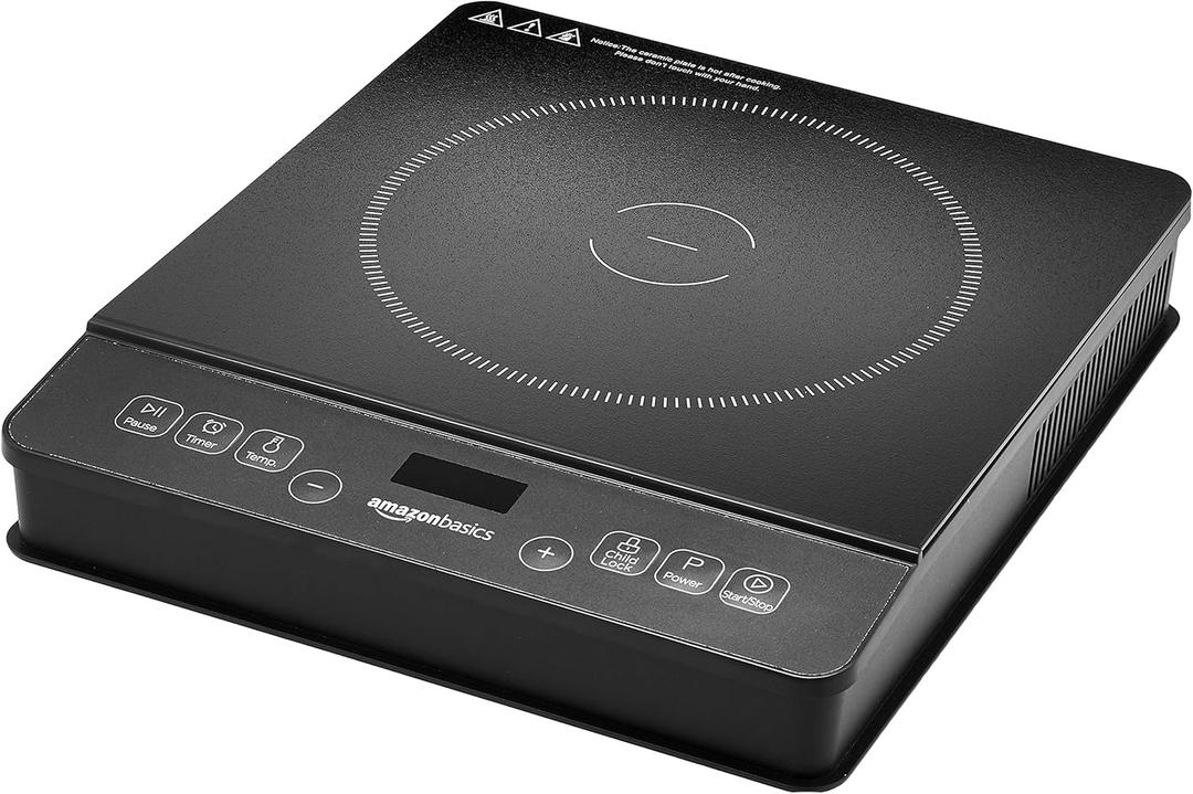 Amazon Basics 1800W Portable Electric Induction Cooktop, Burner and Child Lock, Overheat Protection, Timer, 8 Power Settings, Temperature Control Up to 440F, for Cookware Diameter 5.7"-8.2", Black