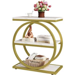 IBUYKE Narrow End Table with 3 Storage Shelves, Industrial Sofa Side Table, Double Round Metal Frames, Slim Nightstand and Bedside Table for Bedroom, Living Room, White with Gold UTMJ418G, 23" x 11" x 25"