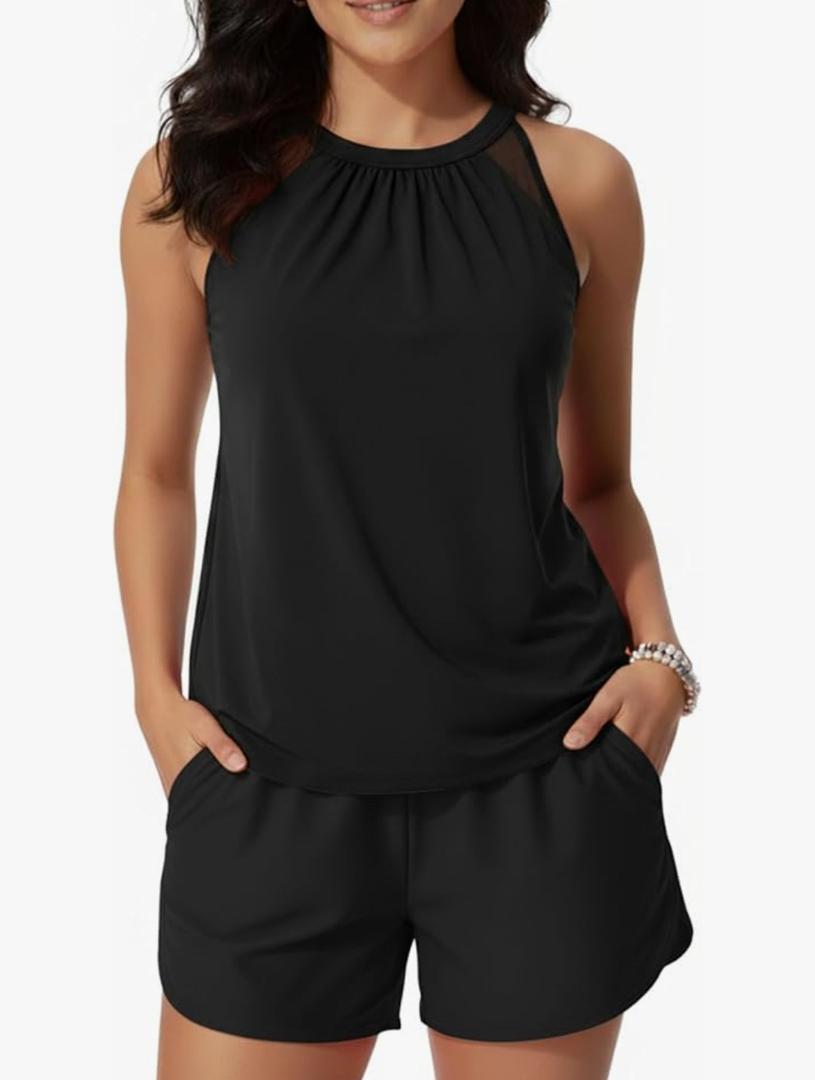 Tankini Bathing Suits with Shorts - High Neck Tankini Swimsuits Two Piece with Two Side Pockets Tummy Control Swimwear 2025 L