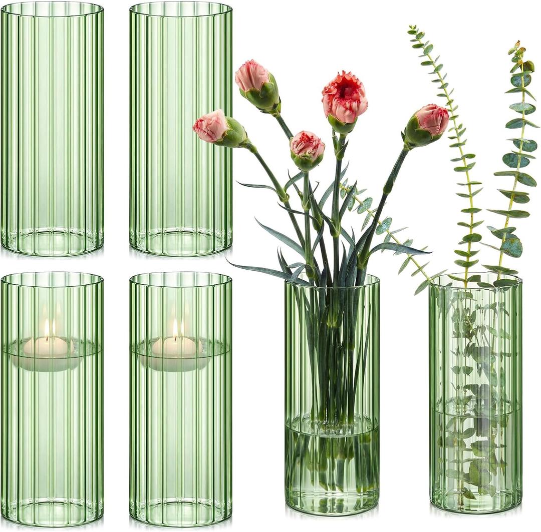 6 Pcs 8 Inch Tall Glass Ribbed Cylinder Vases Clear Floating Candle Flower Vase in Bulk, Hurricane Candle Holder for Wedding Housewarming Gift Table Centerpieces(Green)
