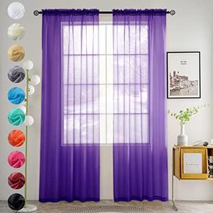 youleyar Solid Sheer Rod Pocket Curtain Voile Draperies 2 Panels White Beige Black Grey Coffee 52 Inch Width 63 Inch Long 1 Pair for Kitchen Bedroom Children Living Room Yard (Purple,52Wｘ63L)
