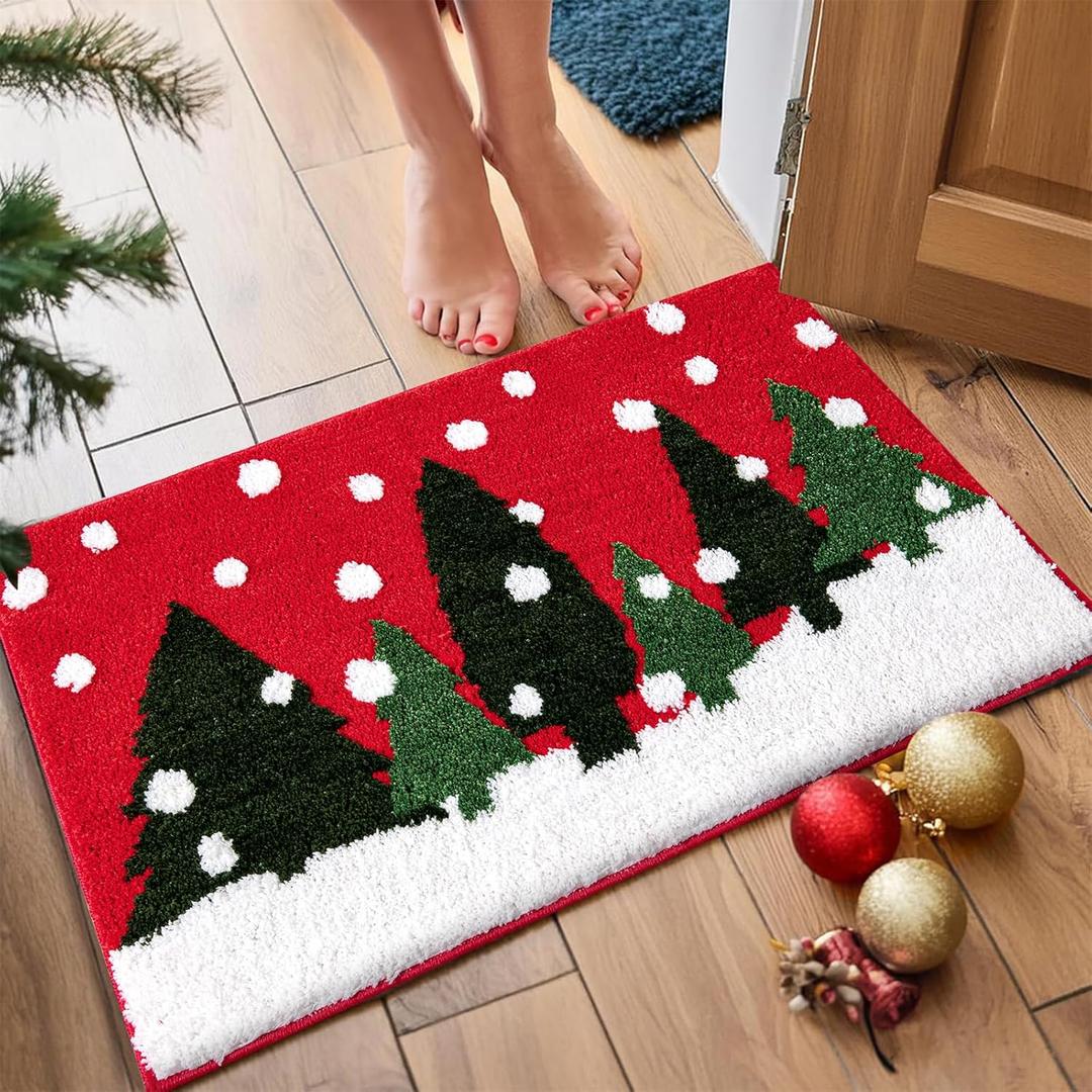 RoomTalks Cute Christmas Tree Rug Non Slip Washable, Vintage Country Seasonal Woodland Pine Tree Xmas Snow 2x3 Throw Rugs for Kitchen Entryway Indoor Doormat, Winter Snowflake Bath Mat (Red and White)