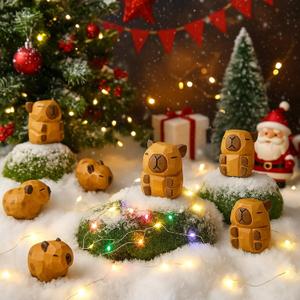 8 Pcs Mini Wood Capybara Figures Bulk Christmas Capybara Ornament Gifts Wooden Carved Animals Figurines Cute Capybaras Decorations Blind Box Accessories for Desktop Room Birthday Decor