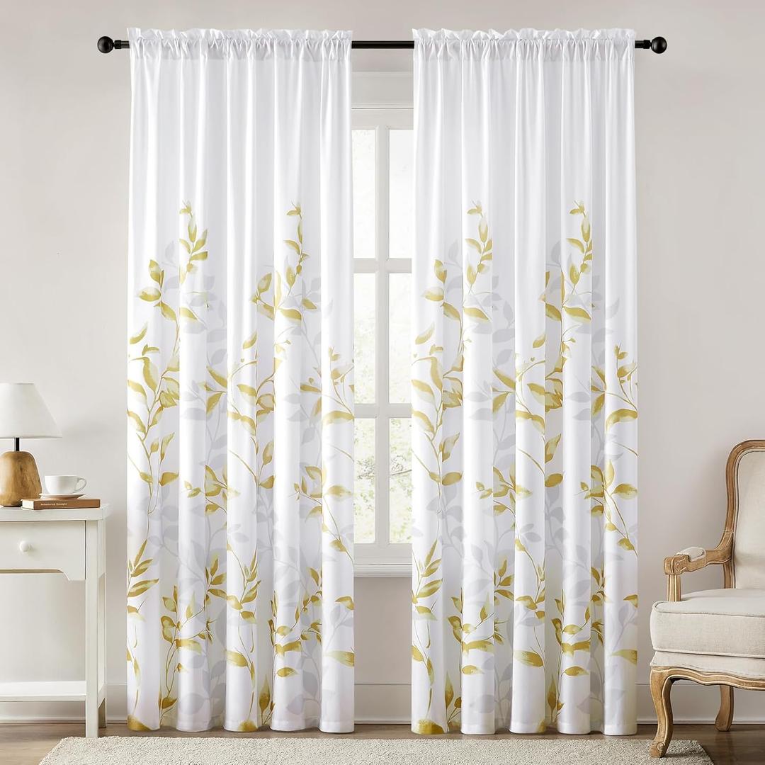 HOMEIDEAS Non-See-Through Gold and White Privacy Sheer Curtains 52 X 84 Inch Length 2 Panels, Leaf Floral Printed Light Filtering Semi Sheer Window Curtains Drapes for Bedroom Living Room