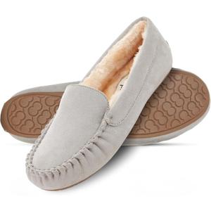 Floopi Women Slippers Moccasins, Soft Faux Fur Lining with Cozy Memory Foam, Ladies House Slippers for Women with Indoor & Outdoor Anti-Skid Sole (Gray)