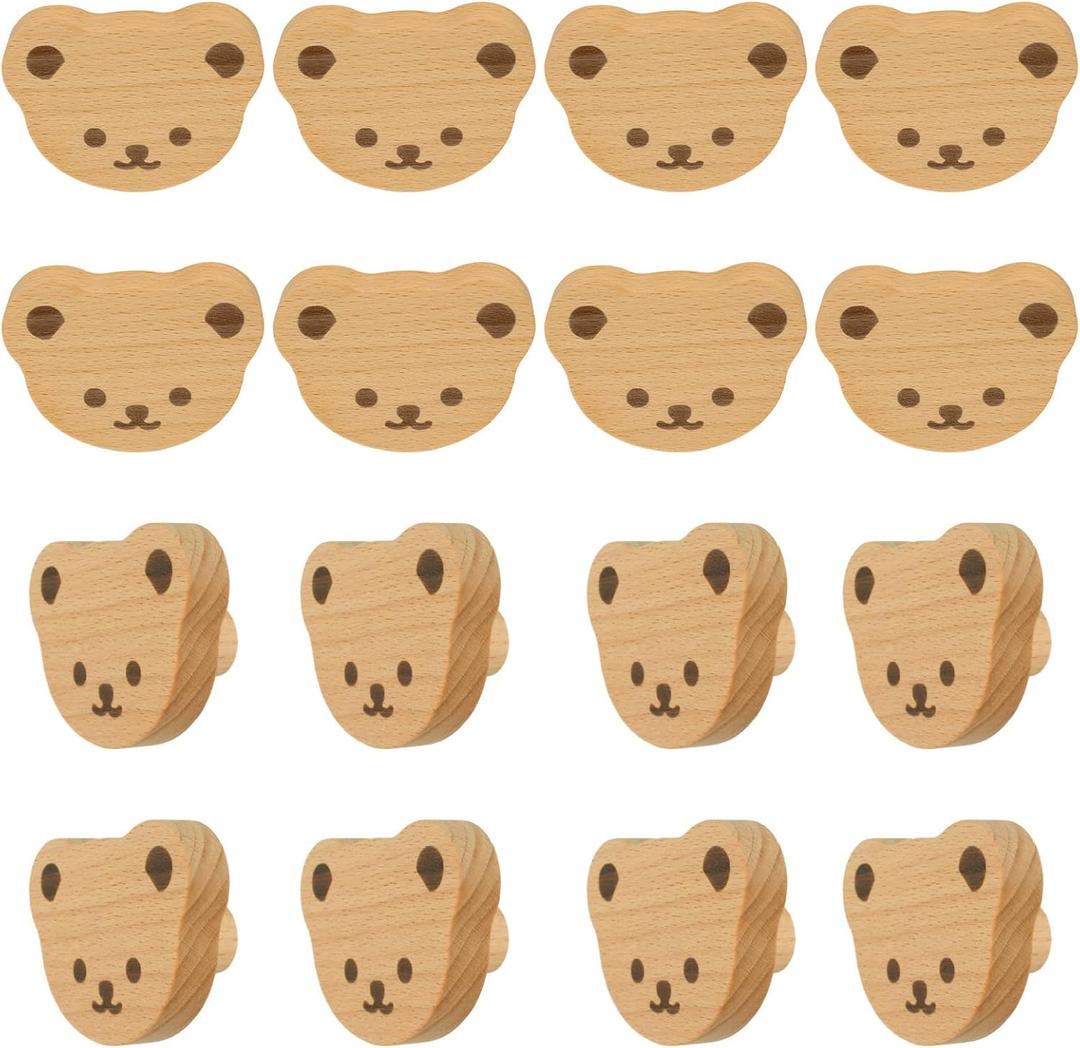 MOROBOR 12PCS Bear Shaped Wooden Knobs Single Hole Beech Wood Handles Cupboard Cabinet Handle Knob for Chest of Drawers with Screws& Expansion Tube