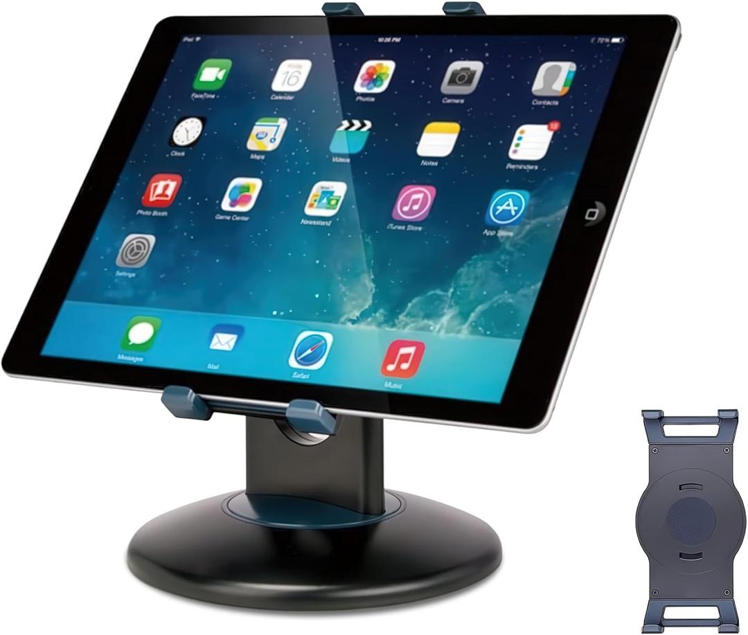Premium 360 Rotating Tablet Stand for Desk  Adjustable Tablet Holder for 7.9 to 13 Devices, Swivel Weighted Base, Sturdy Black Metal iPad Stand for Office, Home, and Retail Display