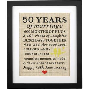 Corfara Framed 50 Years of Marriage Burlap Print, Gifts for 50th Anniversary, Parents 50th Wedding Anniversary, Golden Anniversary, Gift for Grandparents Anniversary, Couples 50 Anniversary Decoration