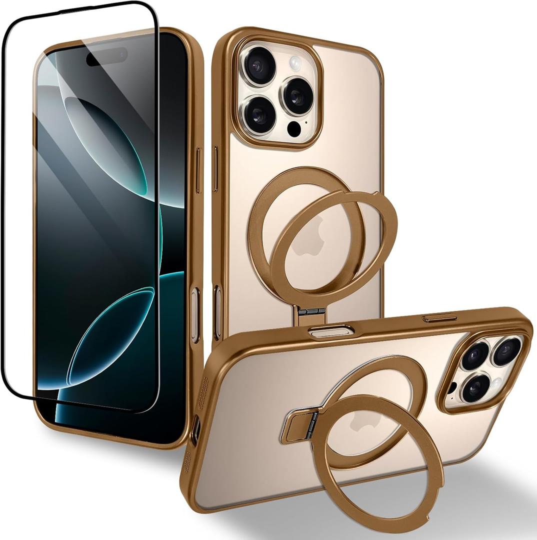OOK Magnetic Case for iPhone 16 Pro 6.3 Inch [Compatible with MagSafe] Soft TPU + Hard PC Case with Kickstand Screen Protector Anti-Scratch Shockproof Protection Phone Cover for Women Men - Brown