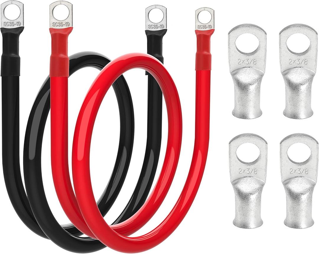 2 AWG Battery Cable 2 Gauge Battery Inverter Cables with 3/8 in Lugs Pure Copper Power Inverter Wire Set for Solar Marine Boat RV Car Motorcycle (3FT, with 2 AWG 3/8" Lugs)