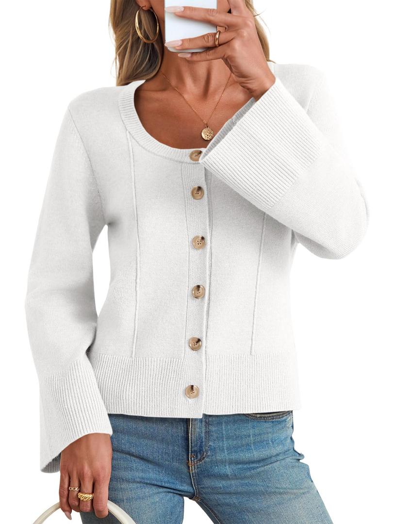Saodimallsu Womens Bell Sleeve Cardigan Sweaters Button Down Long Sleeve Fall Trendy Sweaters 2025 U Neck Knit Outwear (White, L)