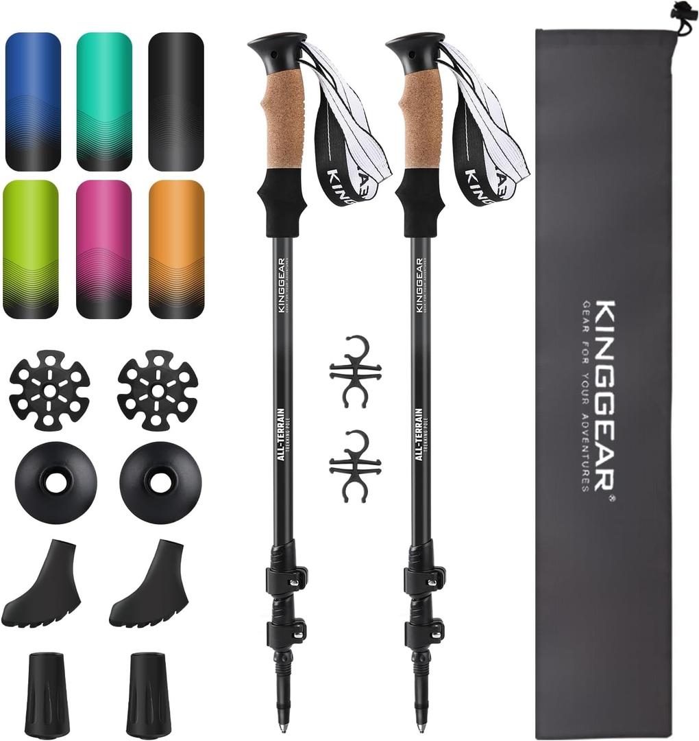 KINGGEAR Nordic Walking Stick, TP1 Hiking Poles Retractable Lightweight 7075 Aluminum, Trekking Poles with Flip Lock, Natural Cork and EVA Grip, 2pc Hiking Gear, 54"