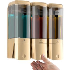 Shampoo and Conditioner Dispenser,Shower Dispenser 3 Chamber No Drill Shampoo Dispenser for Shower Wall Mounted Shower Soap Dispenser for Bathroom Hotel,Large Capacity 3 * 500ML,Gold