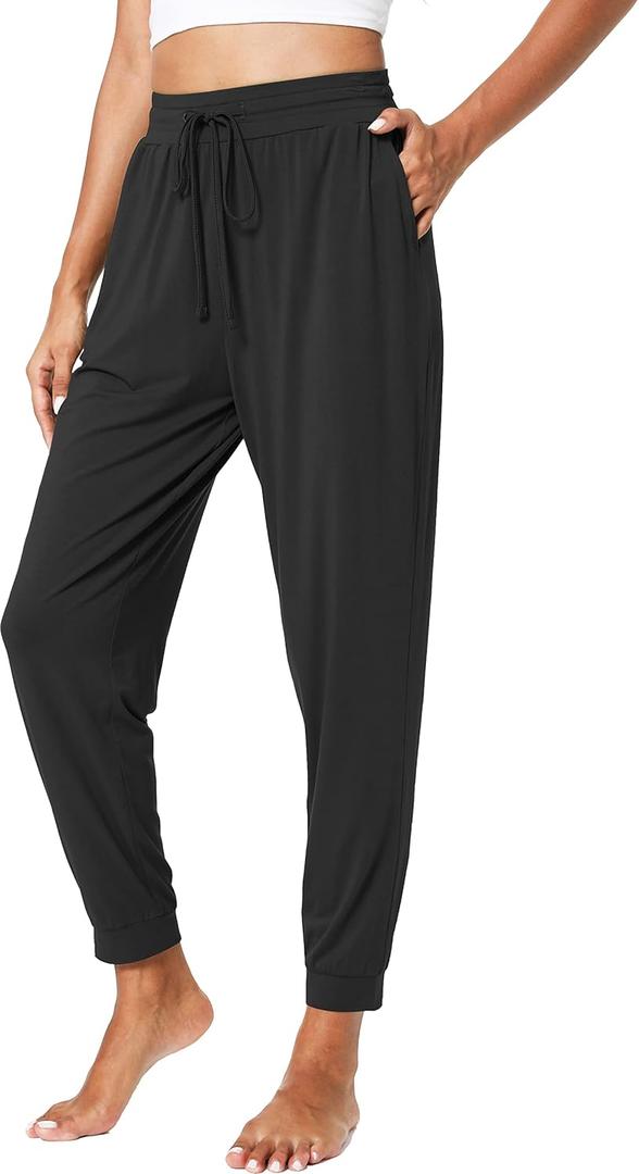 LazyCozy Bamboo Viscose Jogger Pajama Pants for Women Soft Lightweight Knit Sleep Pants with Pockets (Large, Black)