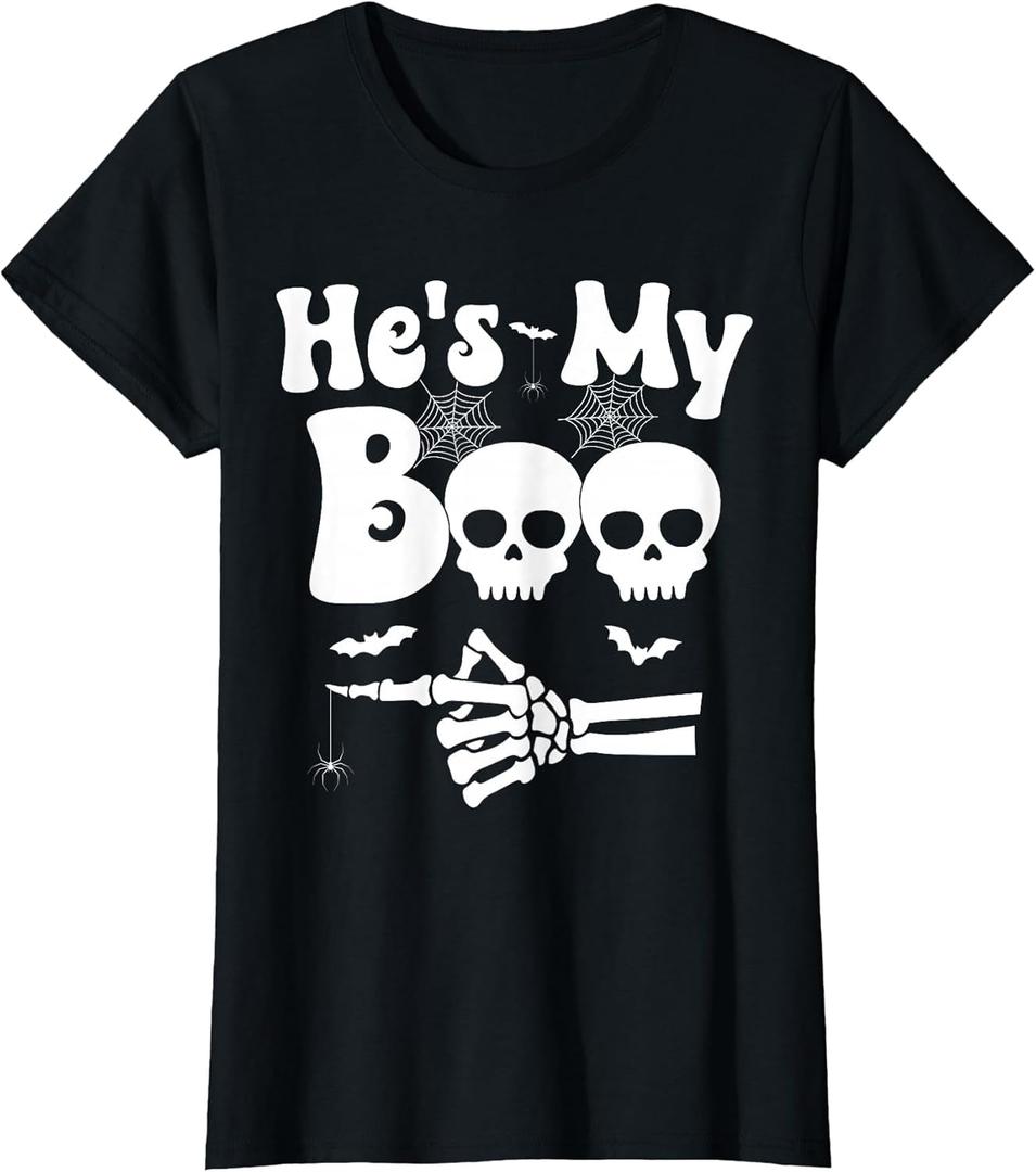 He's My Boo Skeleton Couples Matching Couple Halloween T-Shirt (Large, Black)