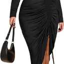 Floerns Women's Plus Size Off The Shoulder Sexy Bodycon Midi Dress Drawstring Slit Hem Long Sleeve Elegant Party Dresses (XX-Large Plus, Black)
