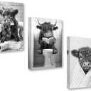 DOARTDO Highland Cow Bathroom Wall Art Funny Animal Canvas Prints 3 Pieces Black and White Cattle Pictures Cute Animal Painting Restroom Toilet Decor Framed (16x24inchx3Pcs)