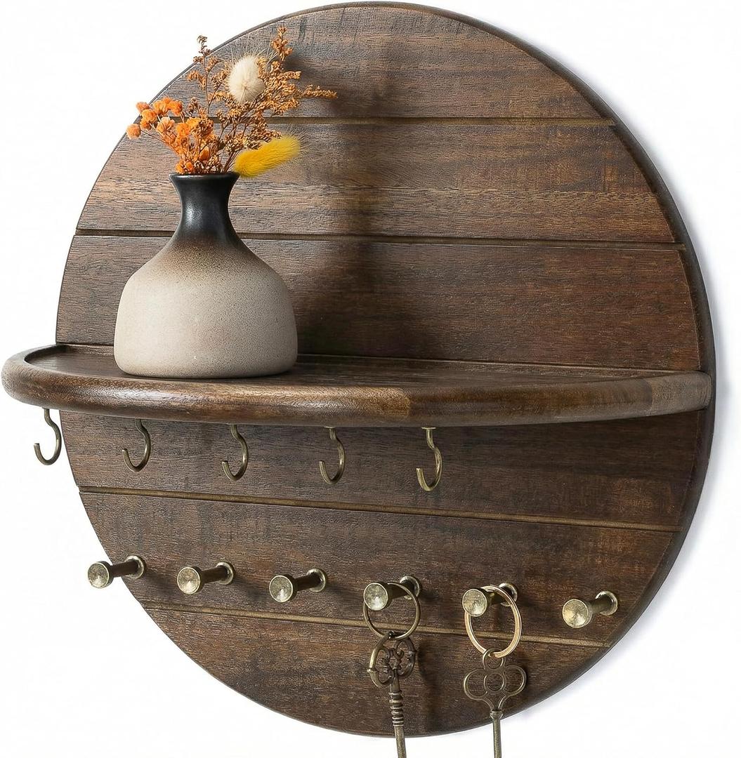 Rebee Vision Acacia Wood Decorative Key Holder Wall Mount for Home Decor- Farmhouse Round Key Holder for Wall with Shelf & 11 Hooks - Rustic Mail Organizer for Apartment Essentials (Dark Acacia)
