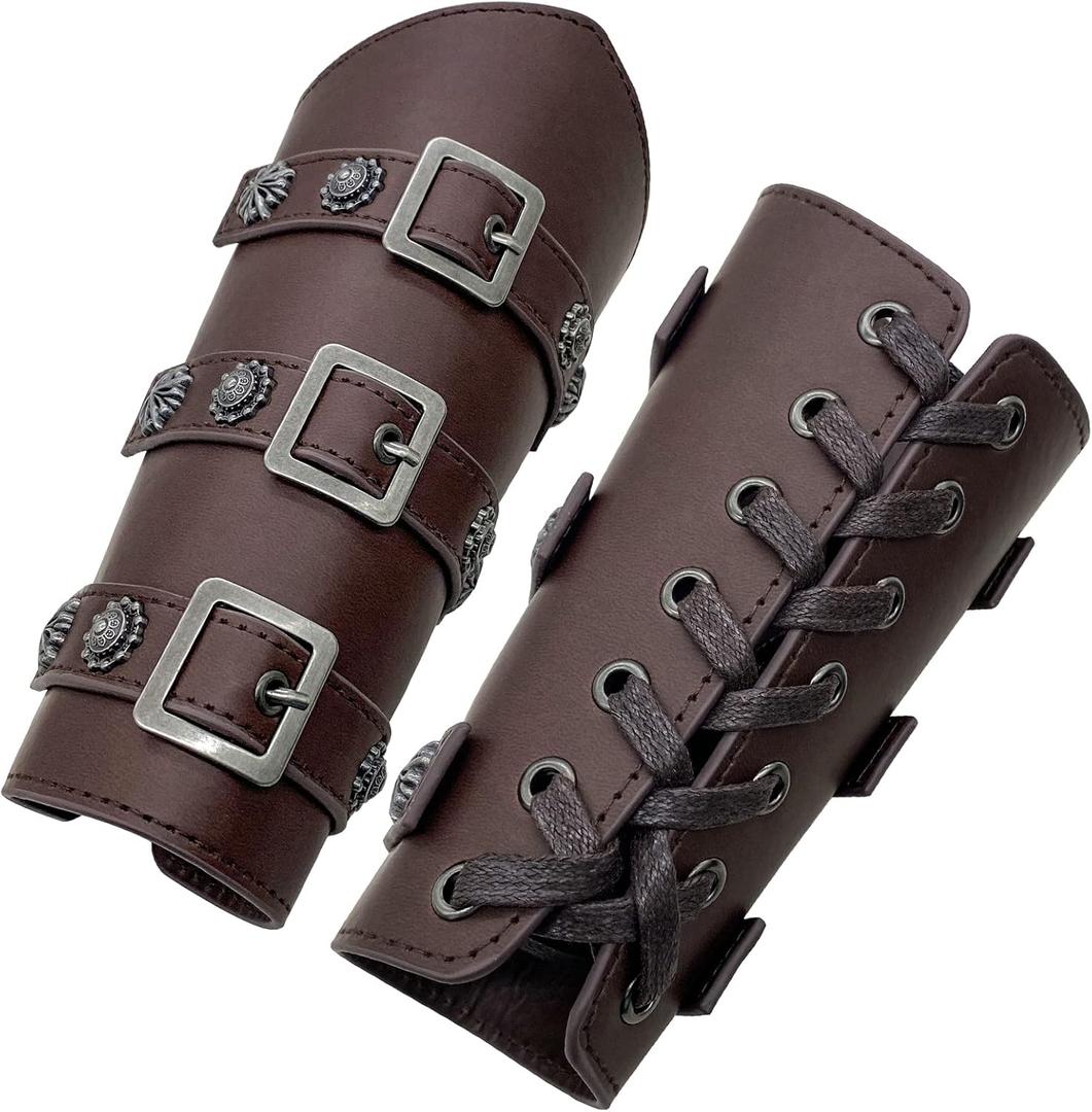 HiiFeuer Medieval PU Leather Buckle Arm Bracers, Knight LARP Retro Renaissance Arm Guards, One Size One Pair (Dark Brown)