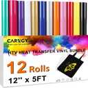 CAREGY HTV Heat Transfer Vinyl Bundle -12 Pack 12'' x 5FT Heat Transfer Vinyl Rolls, Easy Cutting Iron on Vinyl for Cricut, Easy to Weed Heat Transfer Vinyl