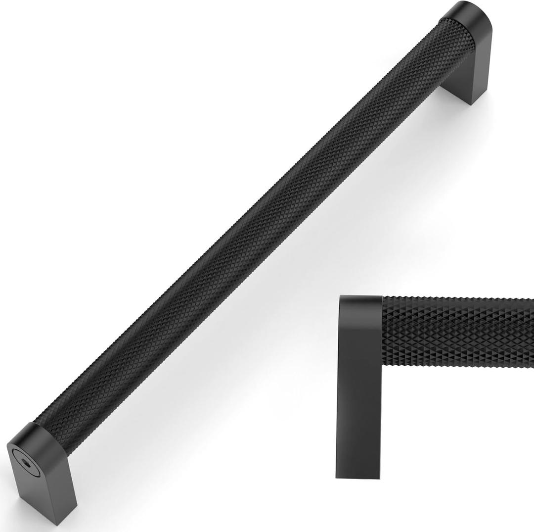 Amerdeco 10 Pack Matte Black knurled Cabinet Pulls 6.3 Inch Hole Centers Kitchen Cabinet Handles Hardware Kitchen Handles for Cabinets Handles ZH0064