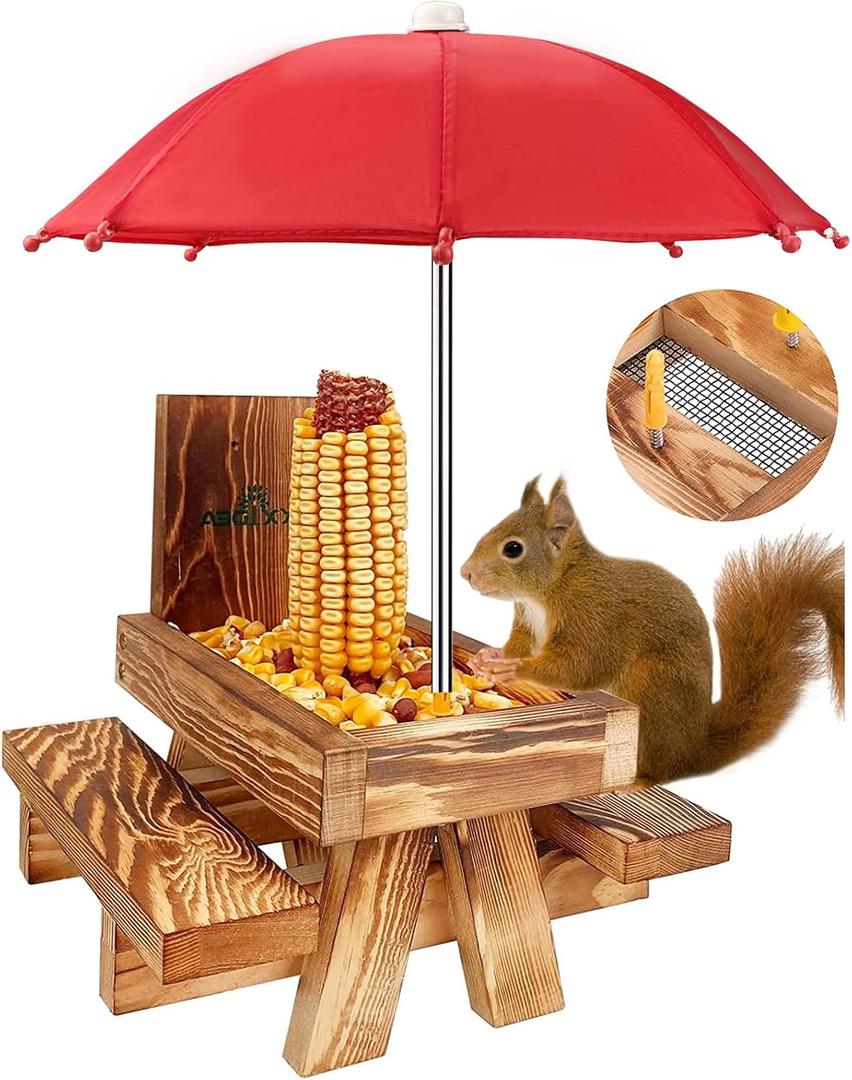 MIXXIDEA Squirrel Feeder Picnic Table with Tall Umbrella, Wooden Squirrel Feeders for Outside, Cute Chipmunk Feeder with Corn Cob Holder, Solid Structure, Thick Wood (Rustic Brown Red Umbrella) (Brown-1)