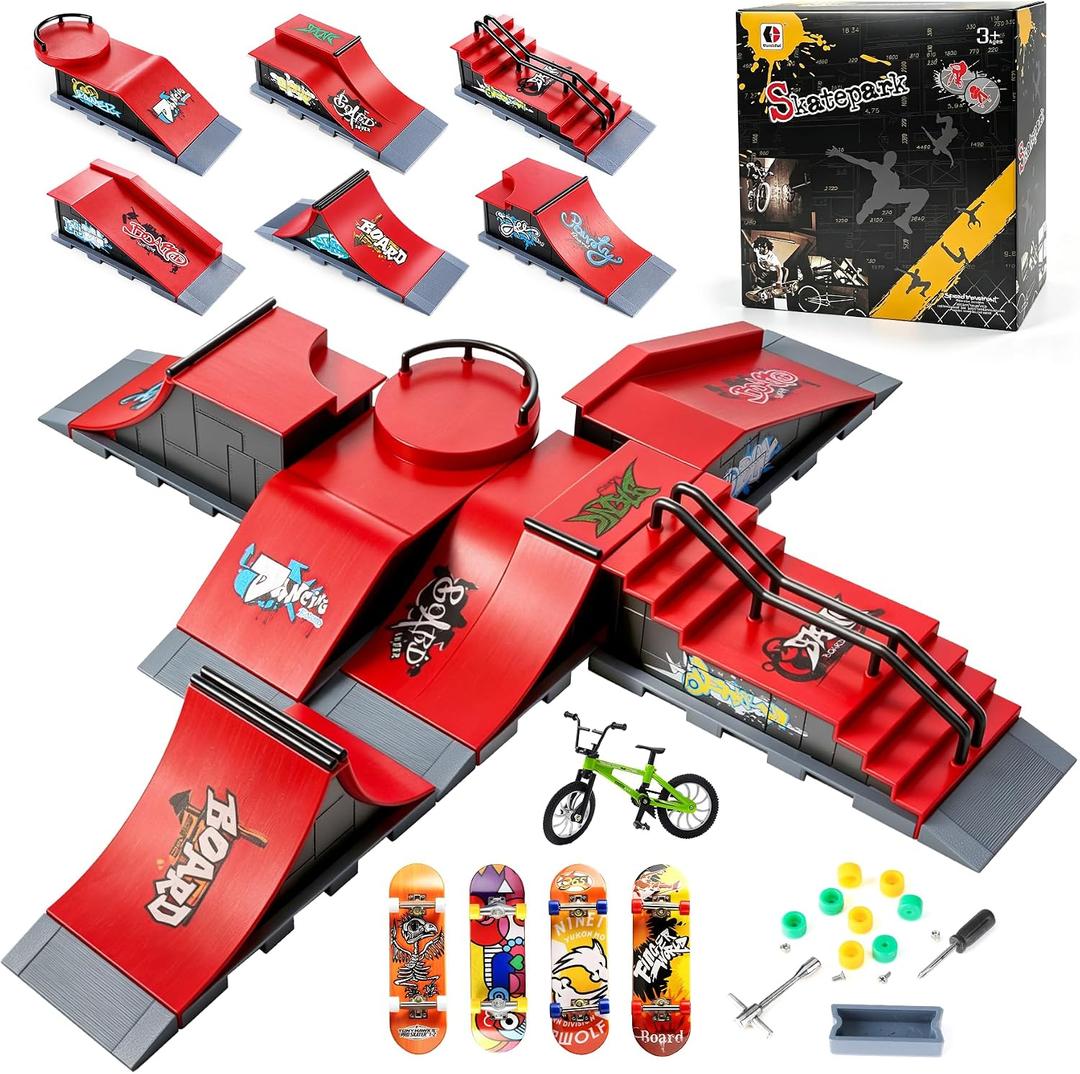 CS COSDDI Finger Skateboard Park Kit, 6 in 1 Skate Park Set with 1 Fingerbike, 4 Fingerboards& 6 Ramps, Mini Skateboard Toys, Trick Practice Finger Skill for Kids & Adults, Fidget Toy Gift