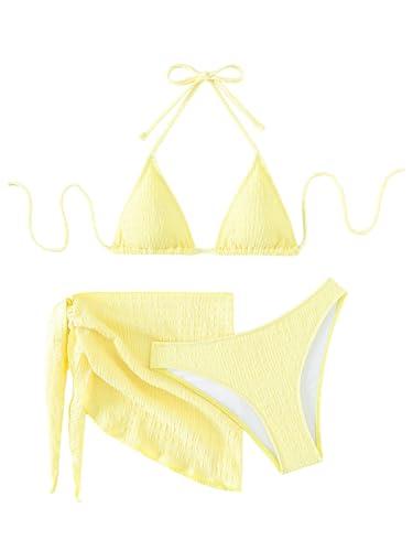 SHENHE Women's 3 Piece Textured High Cut Halter Triangle Bikini Swimsuit with Cover Up Yellow Plain L