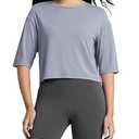 ODODOS Women's PeachSoft Relaxed Fit Cropped T-Shirt, Short Sleeve Crew Neck Casual Lounge Top, Grey Blue, Small