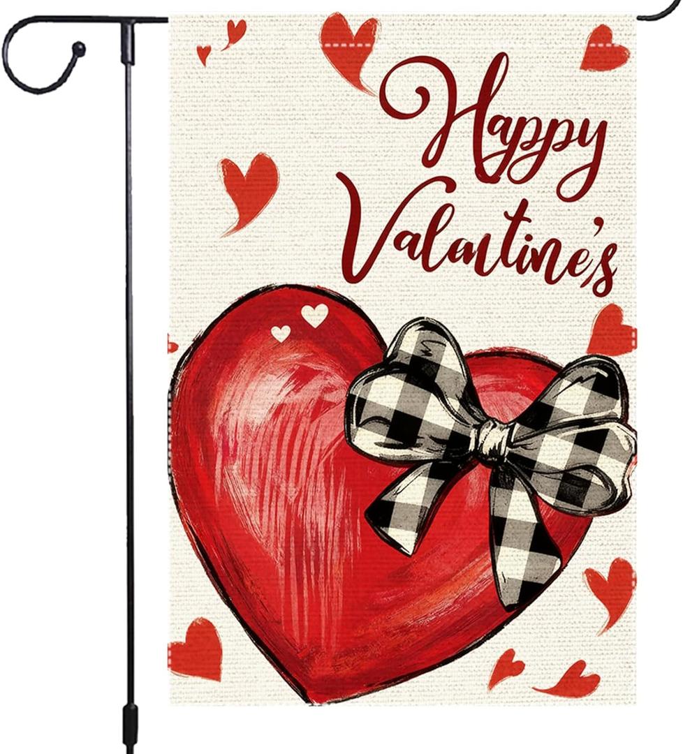 2 x Valentines Day Hearts Garden Flag 12x18 Inch Double Sided Small Burlap Love Red Buffalo Plaid Bowknot Holiday Heart Outside Yard Decoration (RMQ-925)