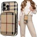 Compatible with iPhone 16 Pro Max Wallet Case with Card Holder, Luxury Classic Leather Zipper Crossbody Lanyard Flip Cash Phone Purse Cover for Women 5G 6.9 Inch Khaki