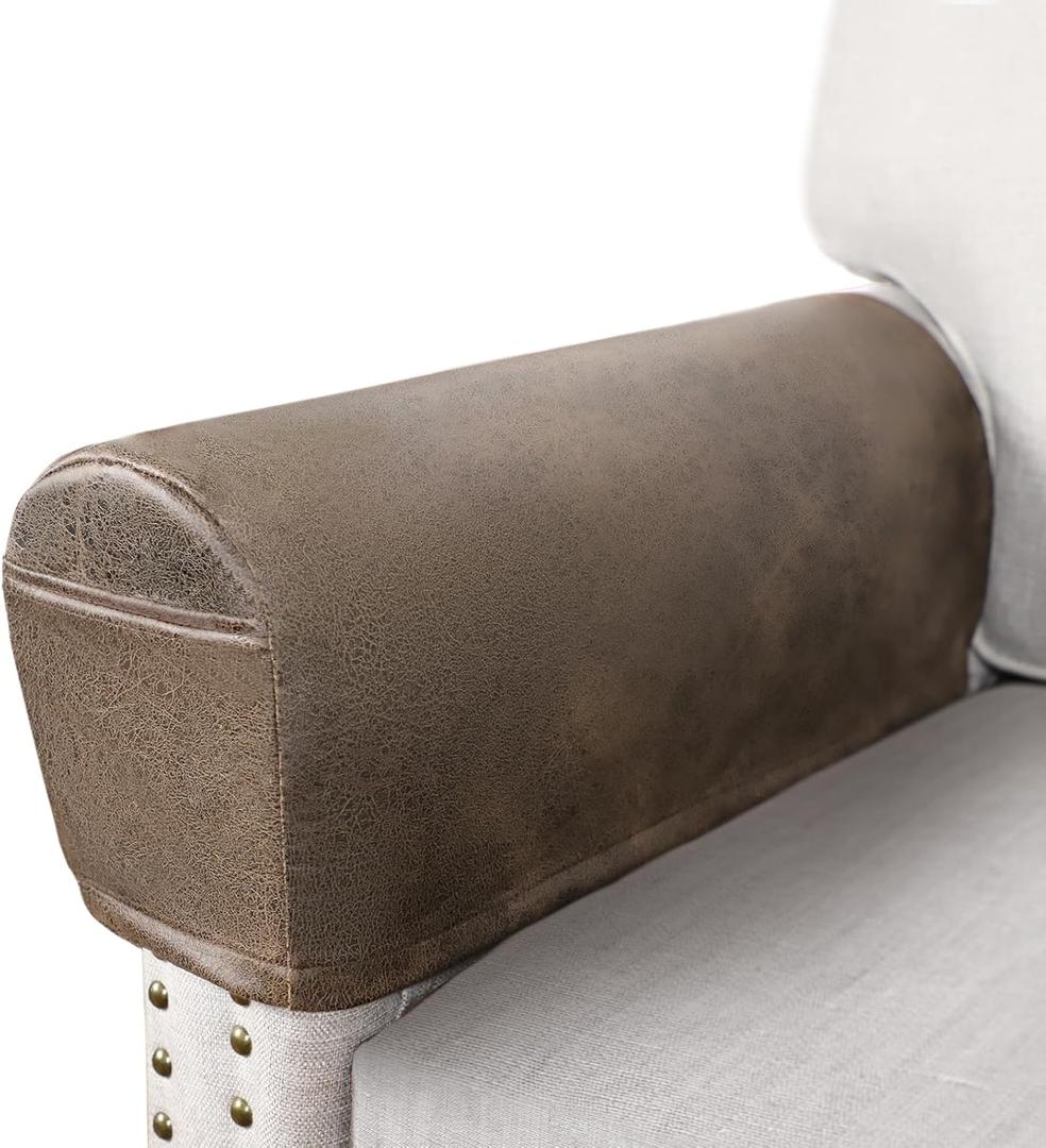 Leather Look Couch Arm Covers Set of 2 Armrest Covers for Sofa Chair Arm Protectors Stretch Armchair Slipcovers with Pockets Washable Spandex Fabric (Medium, Light Brown)