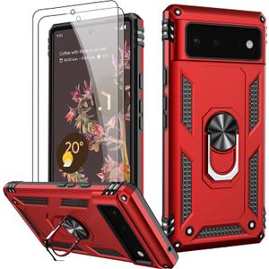 LUMARKE for Google Pixel 6 Case with Screen Protector,Pass 16ft. Drop Tested Military Grade Protective Phone Cover with Magnetic Ring Kickstand Compatible with Car Mount Holder Red