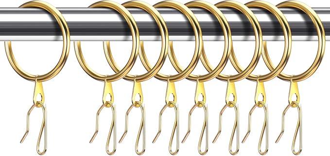 30 Pieces Metal Drapery Curtain Rings and 30 Pieces Hanging Metal Curtain Drapery Pin Hooks for Window Door Shower(32 mm,Gold)
