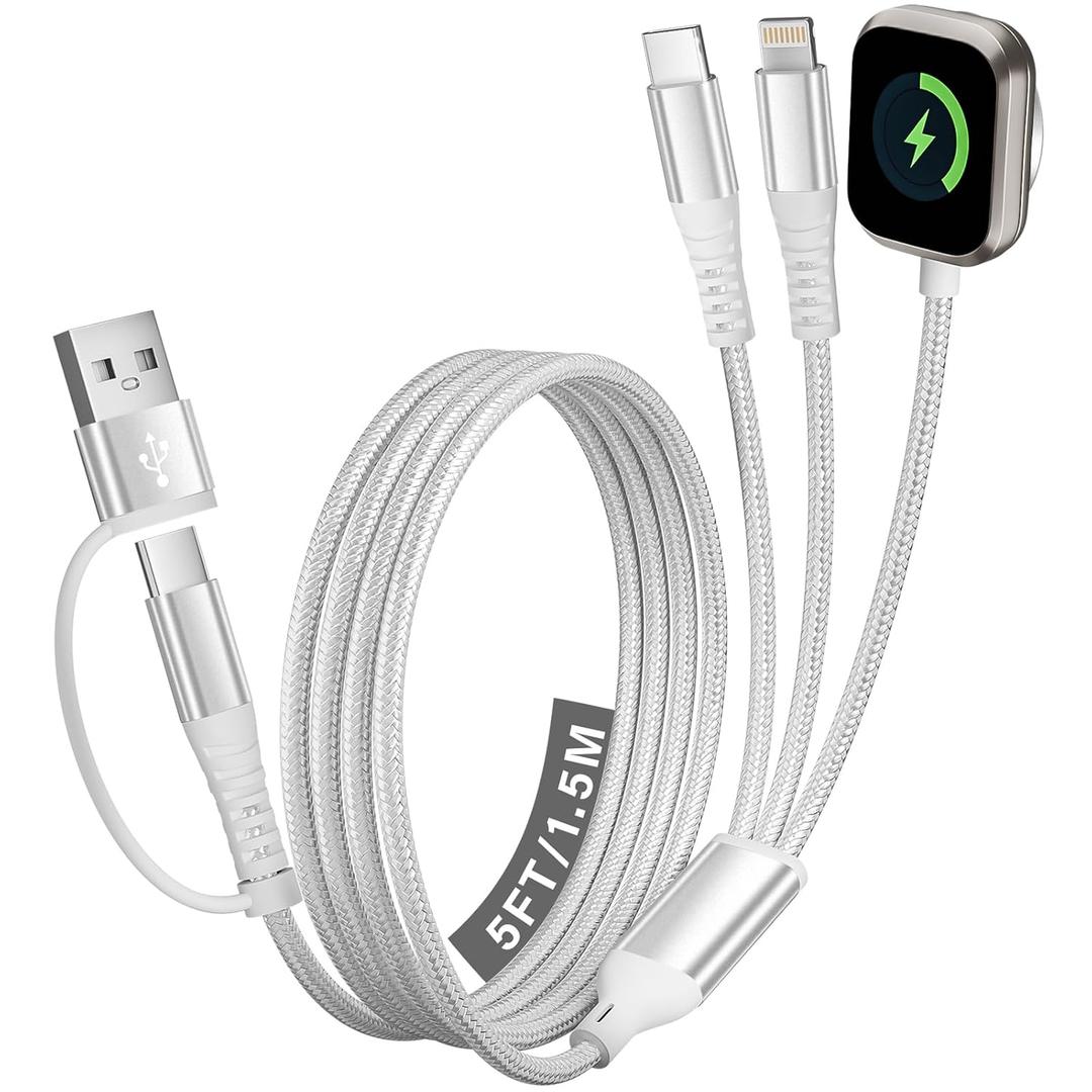 Cruise Travel Essentials 2026, 3 in 2 Multi Charging Cable/Cord with IP/USB C/iWatch Charger, Travel Chargers for Multiple Devices, Compatible with iWatch Series/iPhone 17-8/iPad/AirPods 5FT