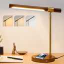 LED Wood Grain Desk Lamp with Wireless Charger, Desk Lamps for Home Office with USB Charging Port, Touch Control Desk Light Adjustable, Eye-Caring Office Lamp with Night Light