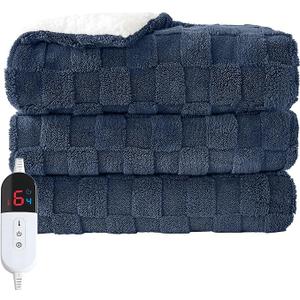 Electric Heated Throw Blanket - Jacquard Checkered Sherpa 50"x60" Fast Heating Bed Blankets with 6 Heating Levels & 4 Hours Auto Off, Over-Heat Protection ETL, Navy Blue