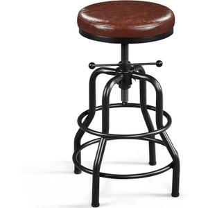 Yaheetech Industrial Bar Stool Vintage Counter Height Adjustable Metal Kitchen Stool with Round Faux Leather Seat 21.5-28 Inch Tall Brown, 1PC