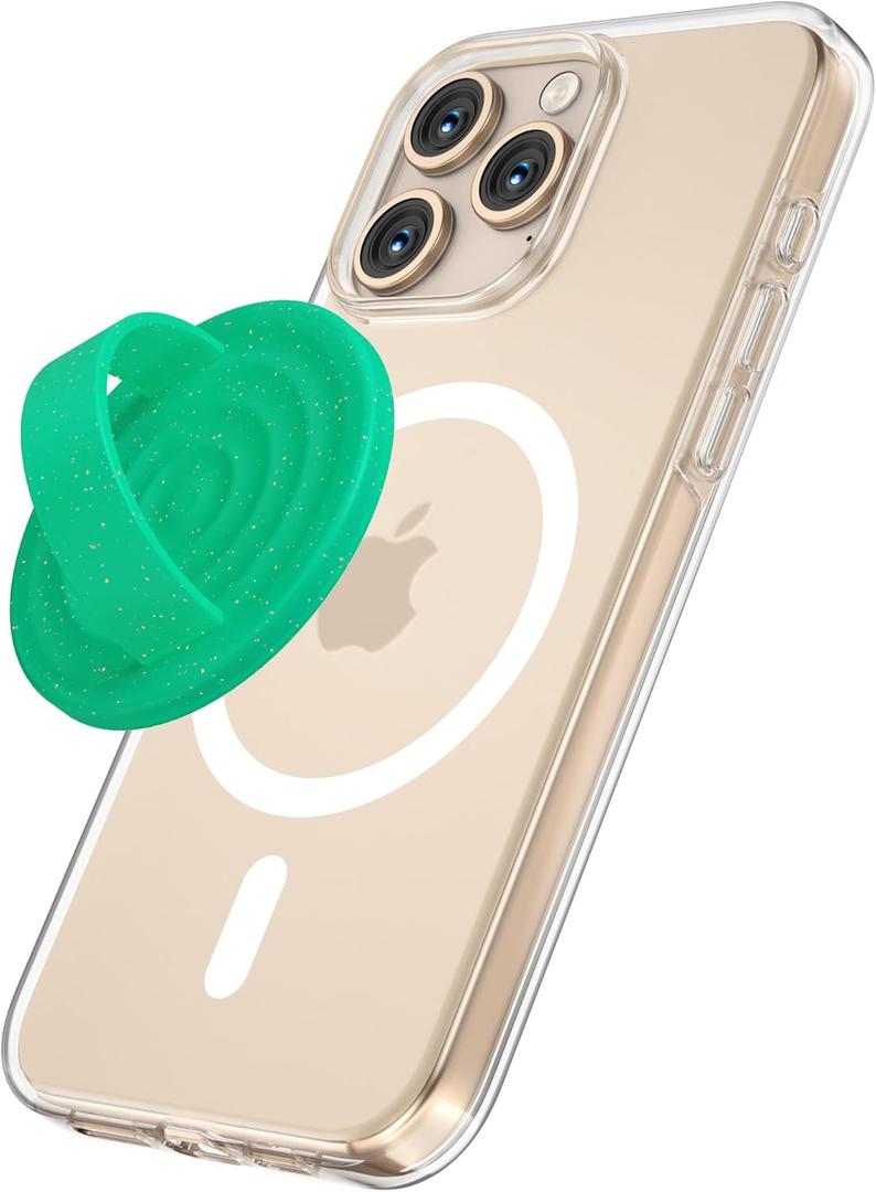 Magnetic Phone Grip Holder Compatible with MagSafe, Ultra Thin Silicone Finger Loop Ring Magnetic Grips for Back of Phone for iPhone Pro Max/Plus/16/15/14/13/12 Series, Emerald Green+Sparkle