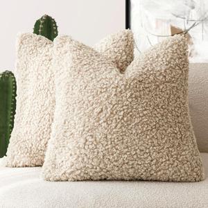 Foindtower 2 Pieces 18x18 Inch Light Khaki, Faux Fur Throw Pillow Cover Accent Sherpa Pillow Fuzzy Soft Pillowcases Sheepskin Decorative Fleece Cushion Case for Bed Couch Living Room